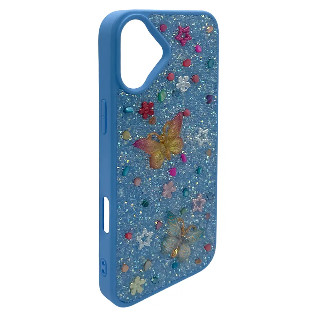 iPhone 16 Plus Butterfly and Diamond Bling Case Sky Blue